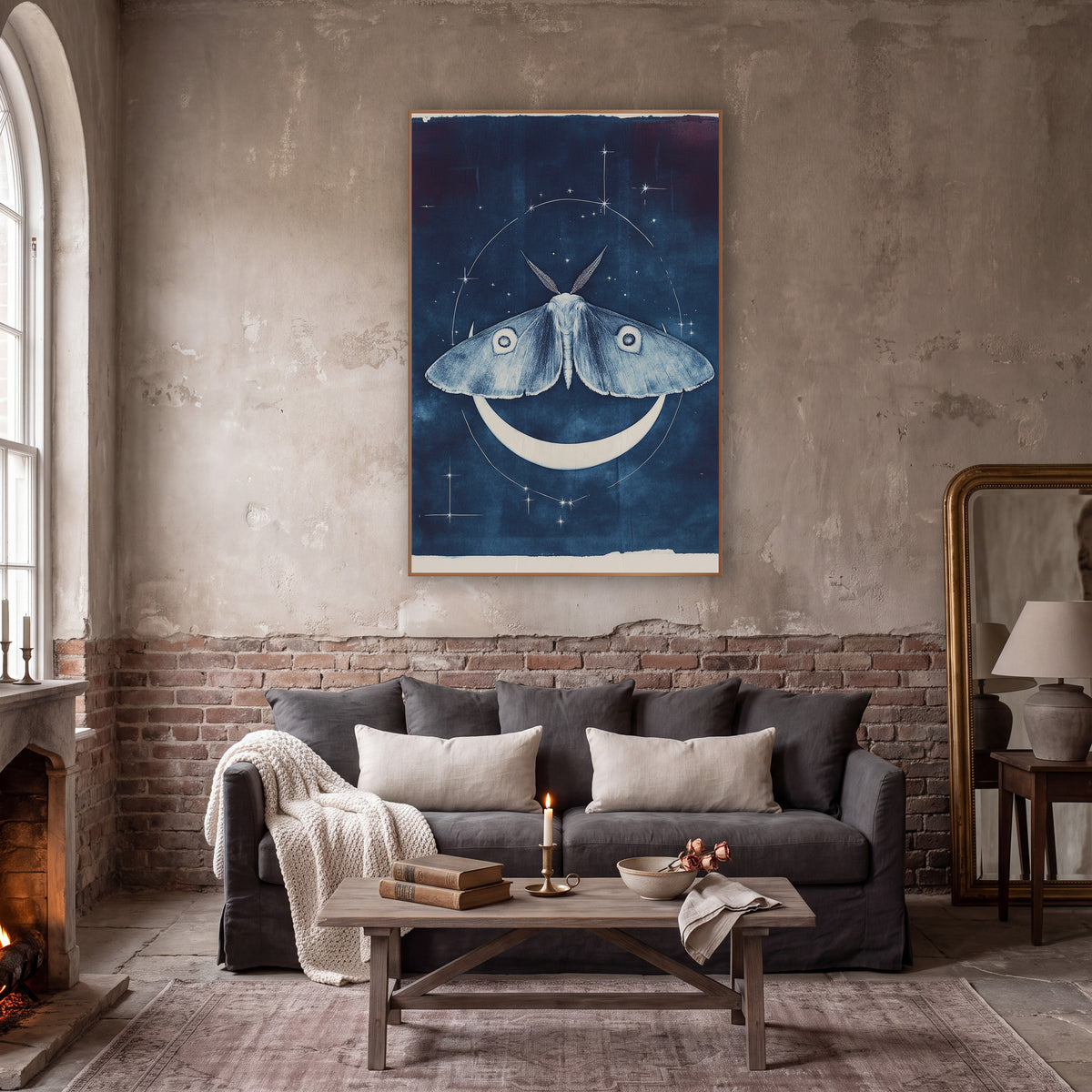 Moth and Crescent Moon Celestial wall art in a moody dark academia room – pale blue moth with eye spots above a white