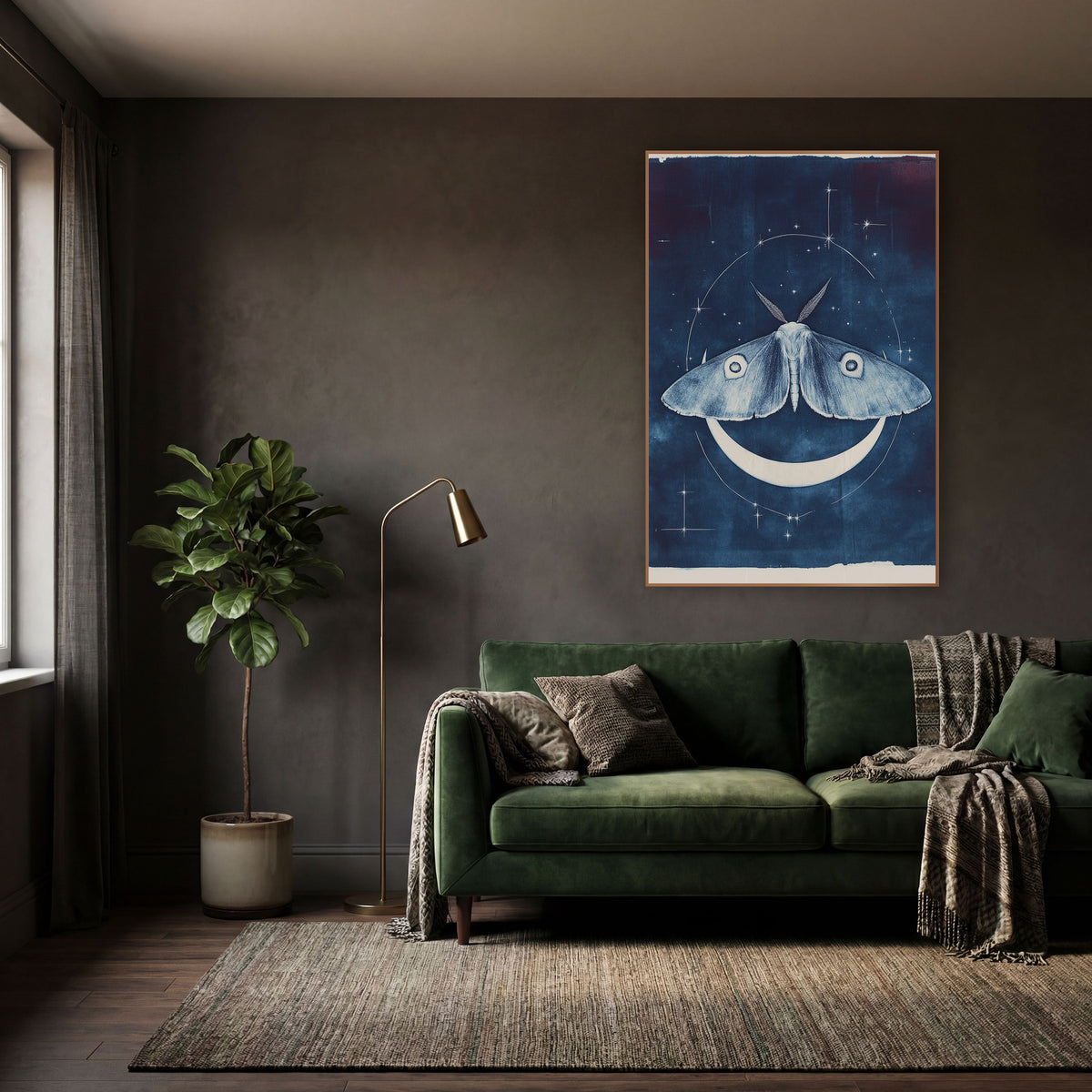 Moth and Crescent Moon Celestial wall art in a moody dark academia room – pale blue moth with eye spots above a white
