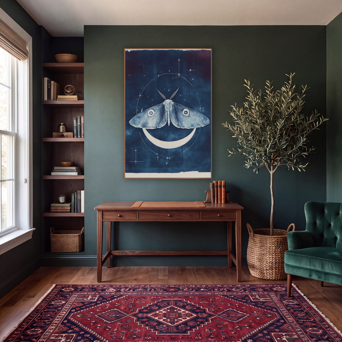Moth and Crescent Moon Celestial wall art in a moody dark academia room – pale blue moth with eye spots above a white