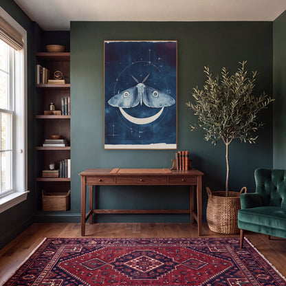 Moth and Crescent Moon Celestial wall art in a moody dark academia room – pale blue moth with eye spots above a white