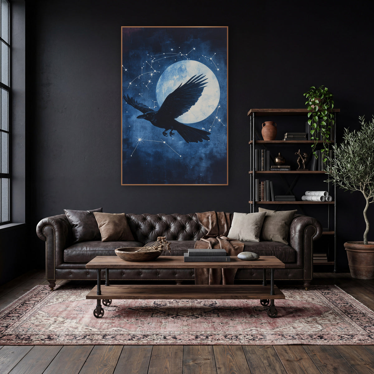 Raven Moon Constellation Celestial wall art in a moody dark academia room – black raven in flight in front of a large