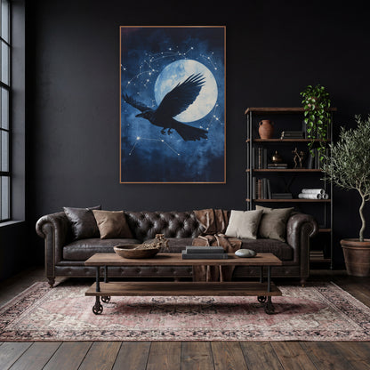 Raven Moon Constellation Celestial wall art in a moody dark academia room – black raven in flight in front of a large