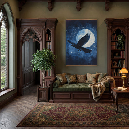 Raven Moon Constellation Celestial wall art in a moody dark academia room – black raven in flight in front of a large