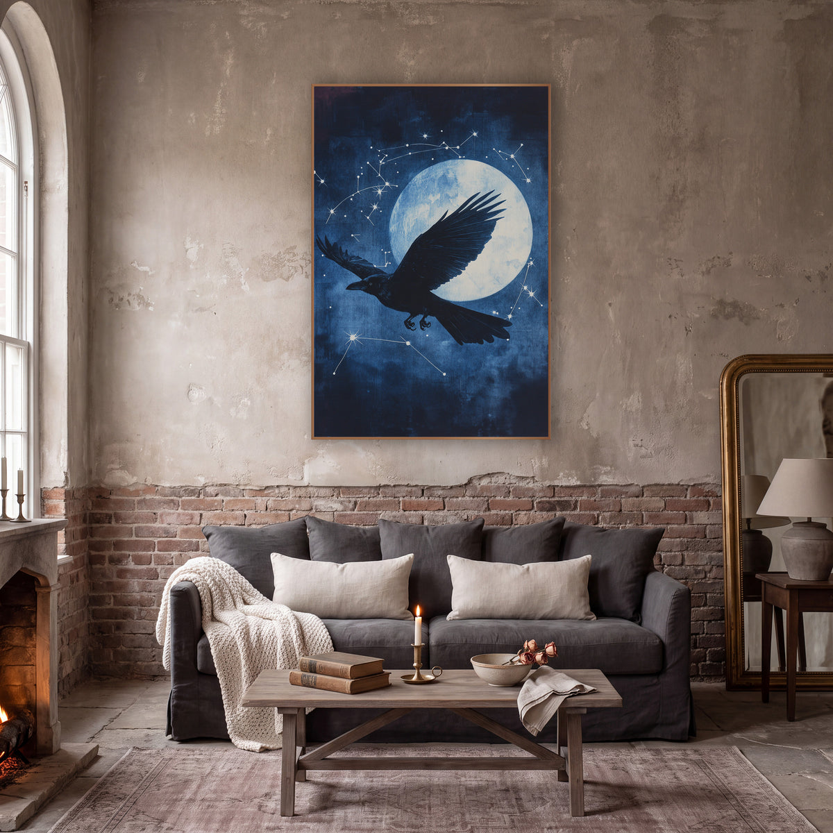 Raven Moon Constellation Celestial wall art in a moody dark academia room – black raven in flight in front of a large
