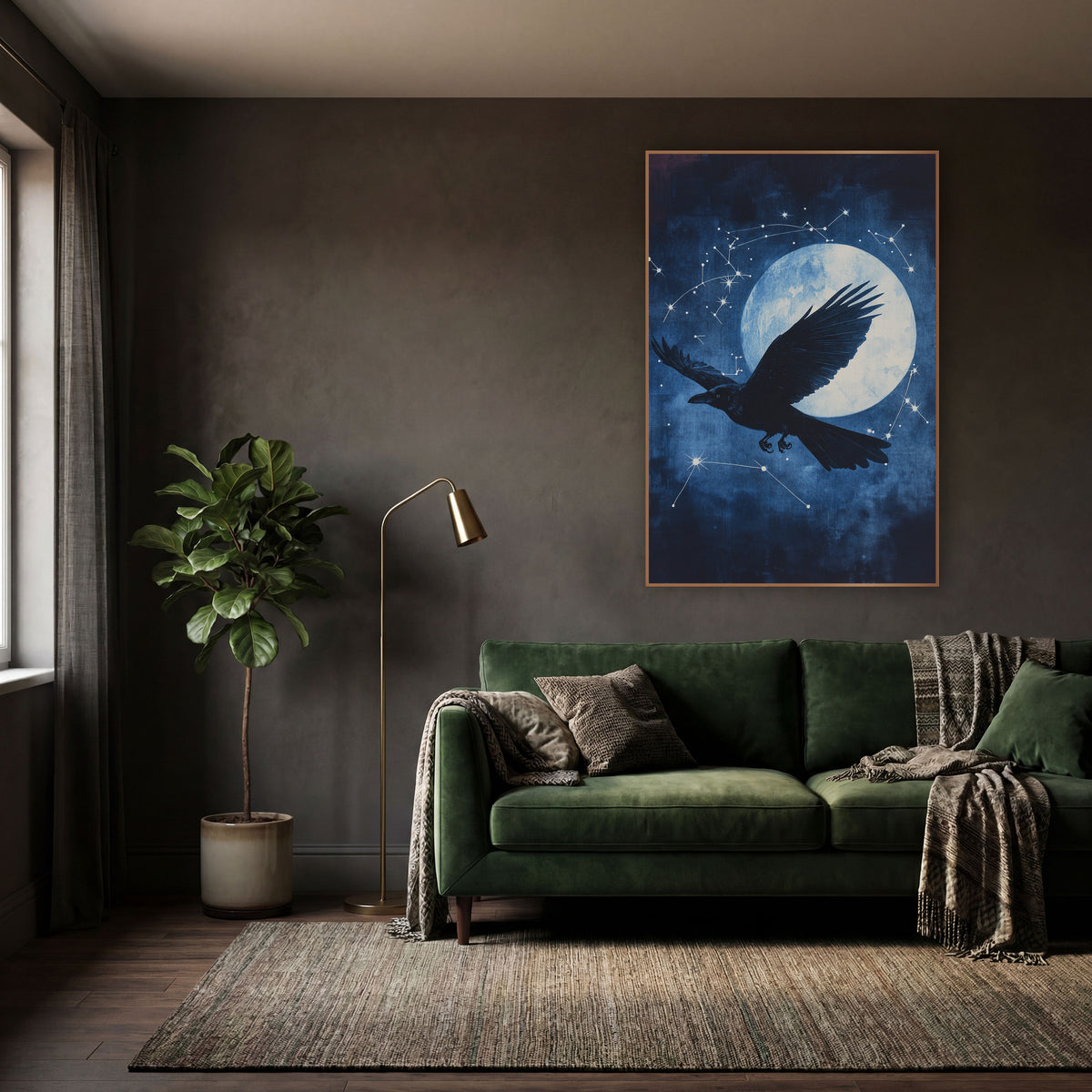 Raven Moon Constellation Celestial wall art in a moody dark academia room – black raven in flight in front of a large