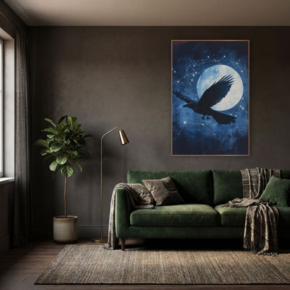 Raven Moon Constellation Celestial wall art in a moody dark academia room – black raven in flight in front of a large