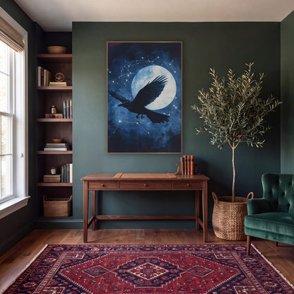 Raven Moon Constellation Celestial wall art in a moody dark academia room – black raven in flight in front of a large
