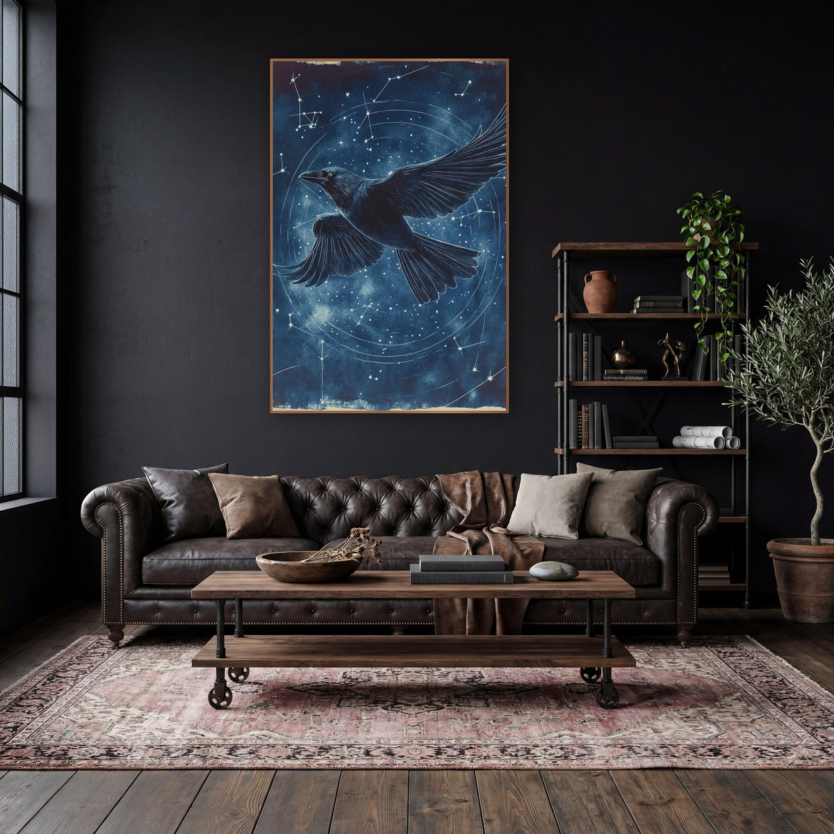 Raven Spiral Orbit Classic wall art in a moody dark academia room – black raven flying with spread wings across a navy