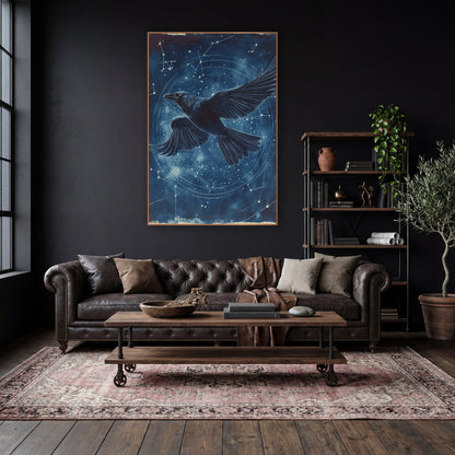 Raven Spiral Orbit Classic wall art in a moody dark academia room – black raven flying with spread wings across a navy