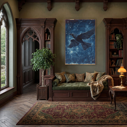 Raven Spiral Orbit Classic wall art in a moody dark academia room – black raven flying with spread wings across a navy