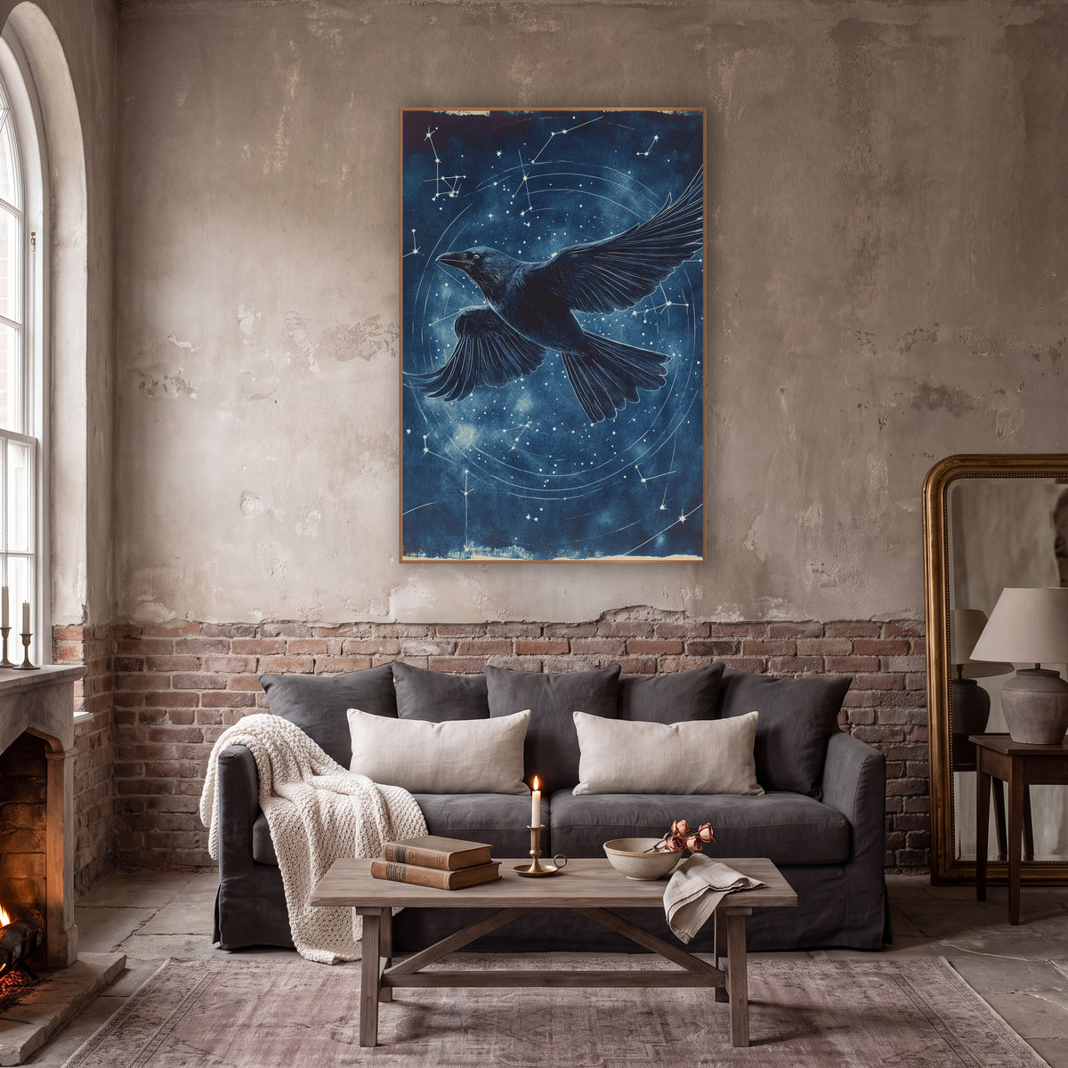 Raven Spiral Orbit Classic wall art in a moody dark academia room – black raven flying with spread wings across a navy