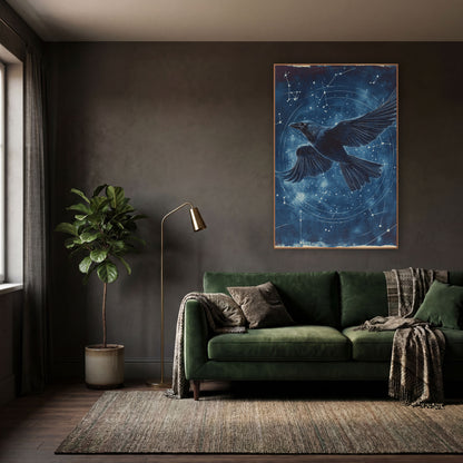 Raven Spiral Orbit Classic wall art in a moody dark academia room – black raven flying with spread wings across a navy