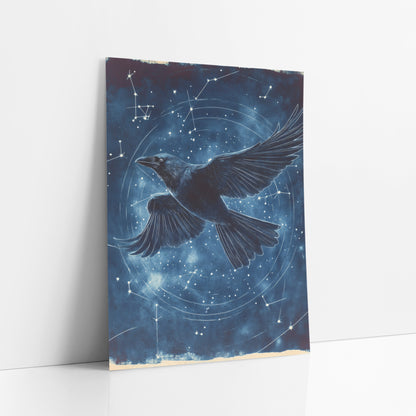 Raven Spiral Orbit Classic art print leaning against a white wall – black raven flying with spread wings across a navy night