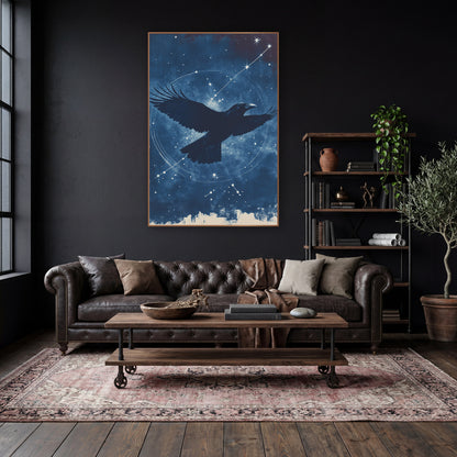 Raven Silhouette Star Trail Moody wall art in a moody dark academia room – black raven with spread wings flying across