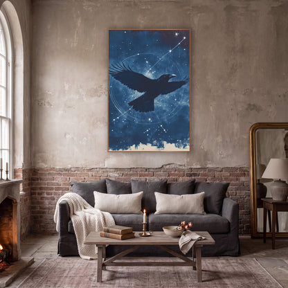 Raven Silhouette Star Trail Moody wall art in a moody dark academia room – black raven with spread wings flying across