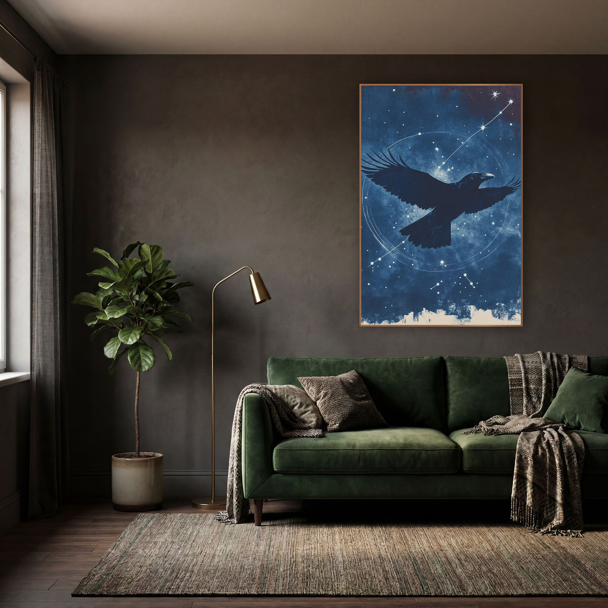 Raven Silhouette Star Trail Moody wall art in a moody dark academia room – black raven with spread wings flying across