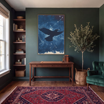 Raven Silhouette Star Trail Moody wall art in a moody dark academia room – black raven with spread wings flying across