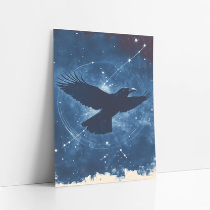 Raven Silhouette Star Trail Moody art print leaning against a white wall – black raven with spread wings flying across a navy