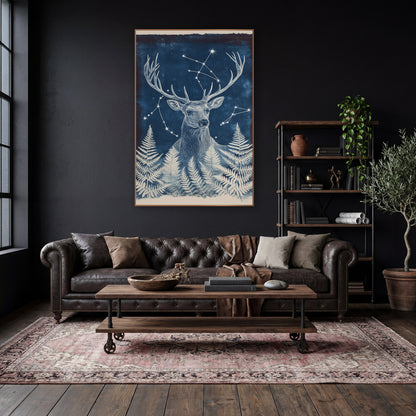Turned Stag Starburst Fern Boho wall art in a moody dark academia room – white-lined stag with wide antlers among