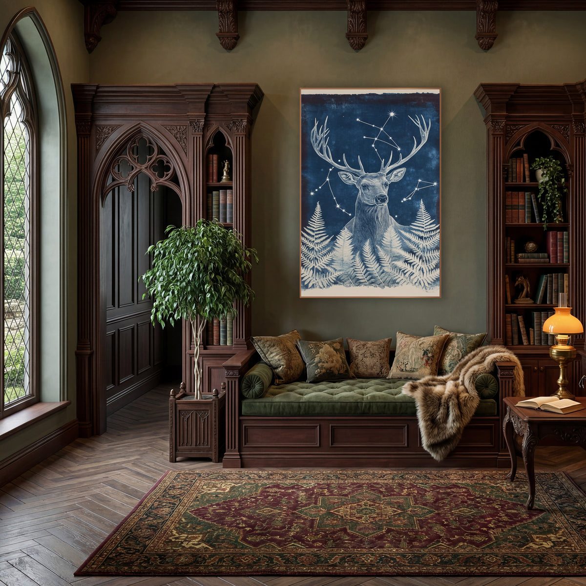 Turned Stag Starburst Fern Boho wall art in a moody dark academia room – white-lined stag with wide antlers among