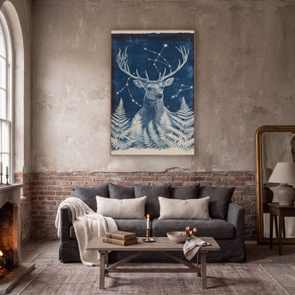 Turned Stag Starburst Fern Boho wall art in a moody dark academia room – white-lined stag with wide antlers among