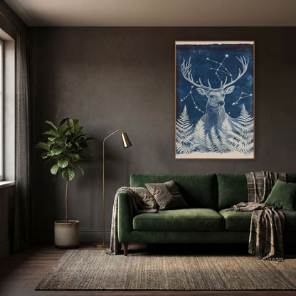 Turned Stag Starburst Fern Boho wall art in a moody dark academia room – white-lined stag with wide antlers among