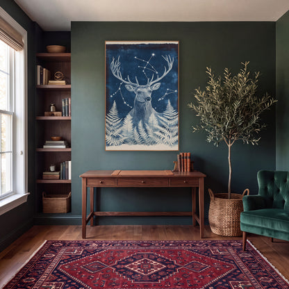 Turned Stag Starburst Fern Boho wall art in a moody dark academia room – white-lined stag with wide antlers among