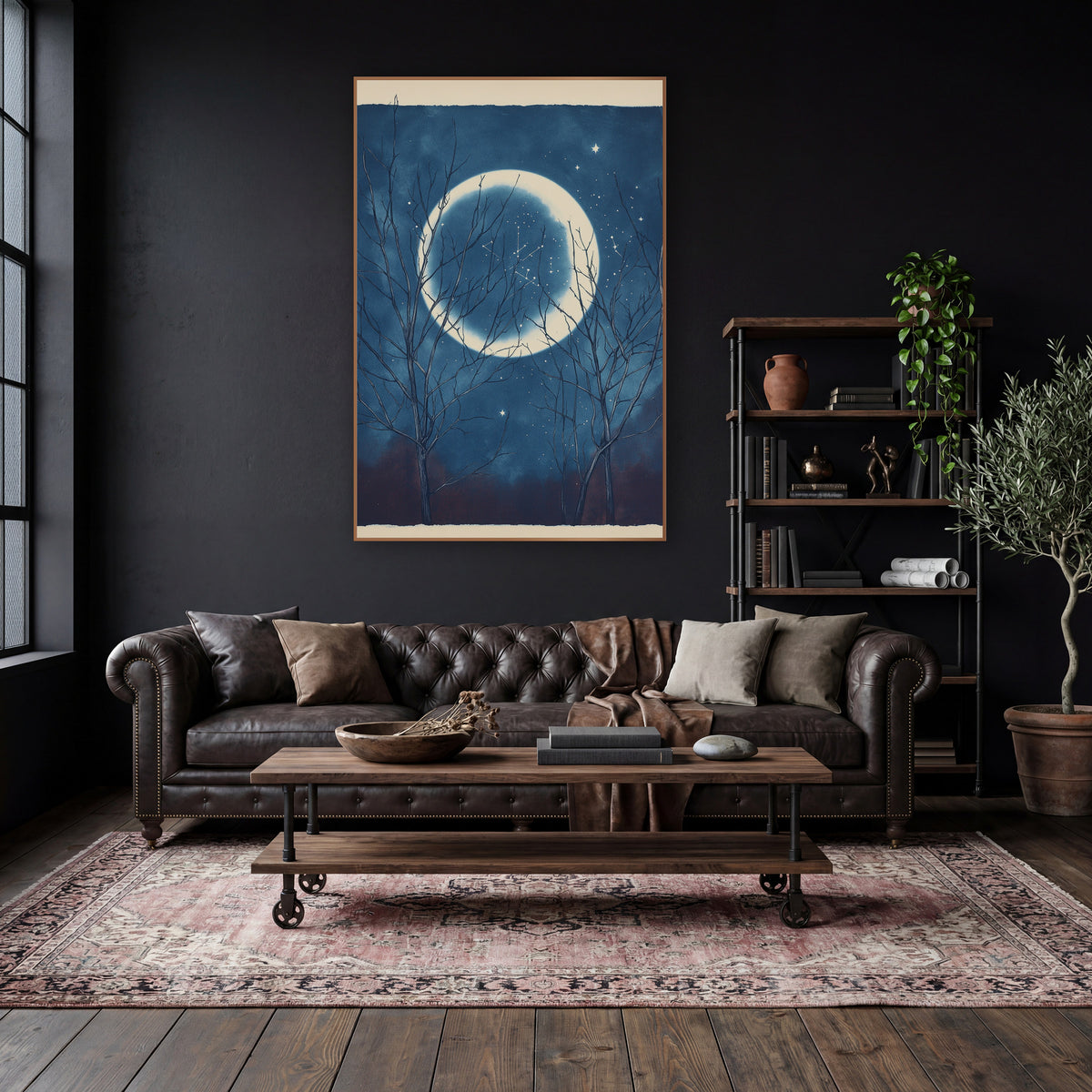 Bare Branches Moonlit Night Sky Celestial wall art in a moody dark academia room – large pale moon in a deep blue