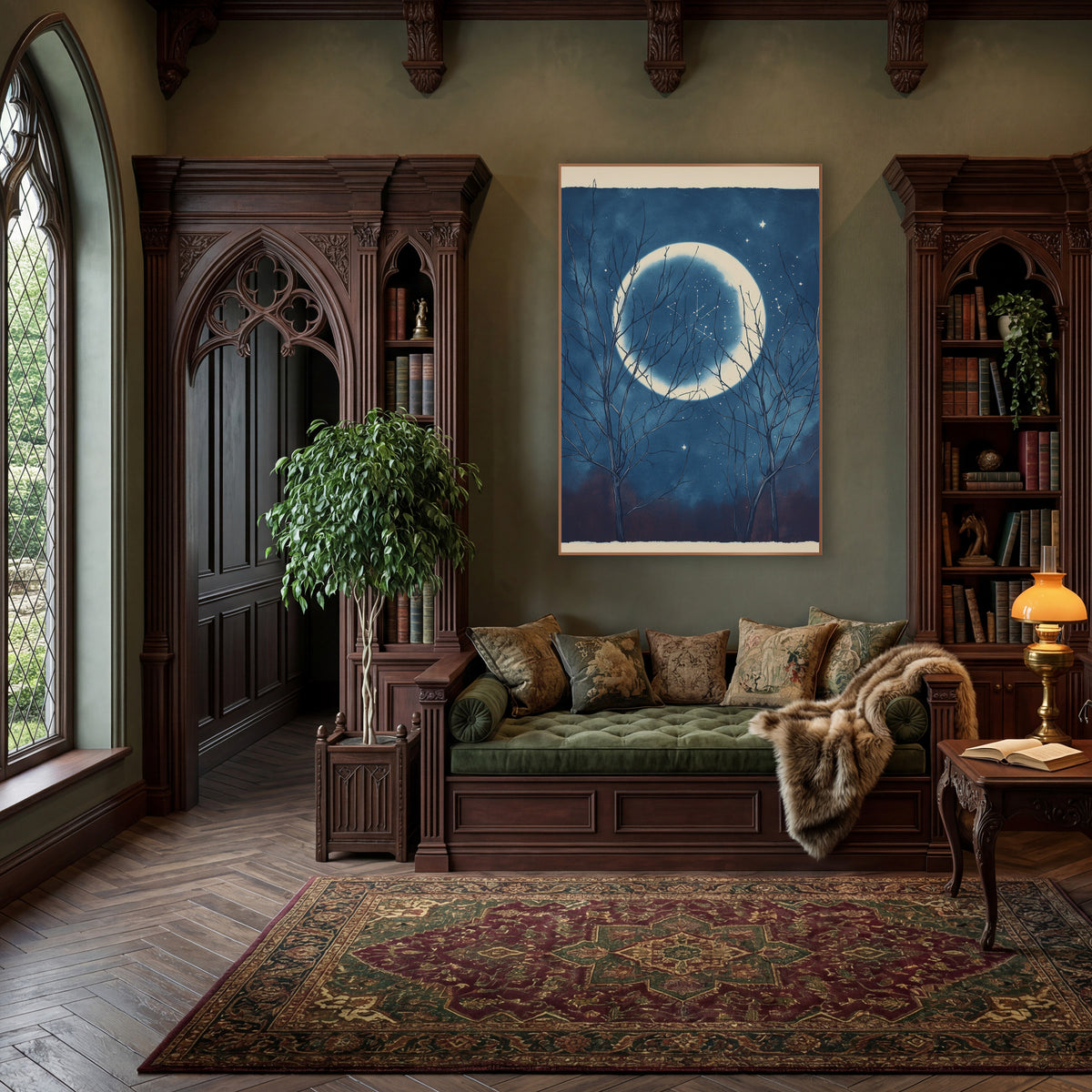 Bare Branches Moonlit Night Sky Celestial wall art in a moody dark academia room – large pale moon in a deep blue
