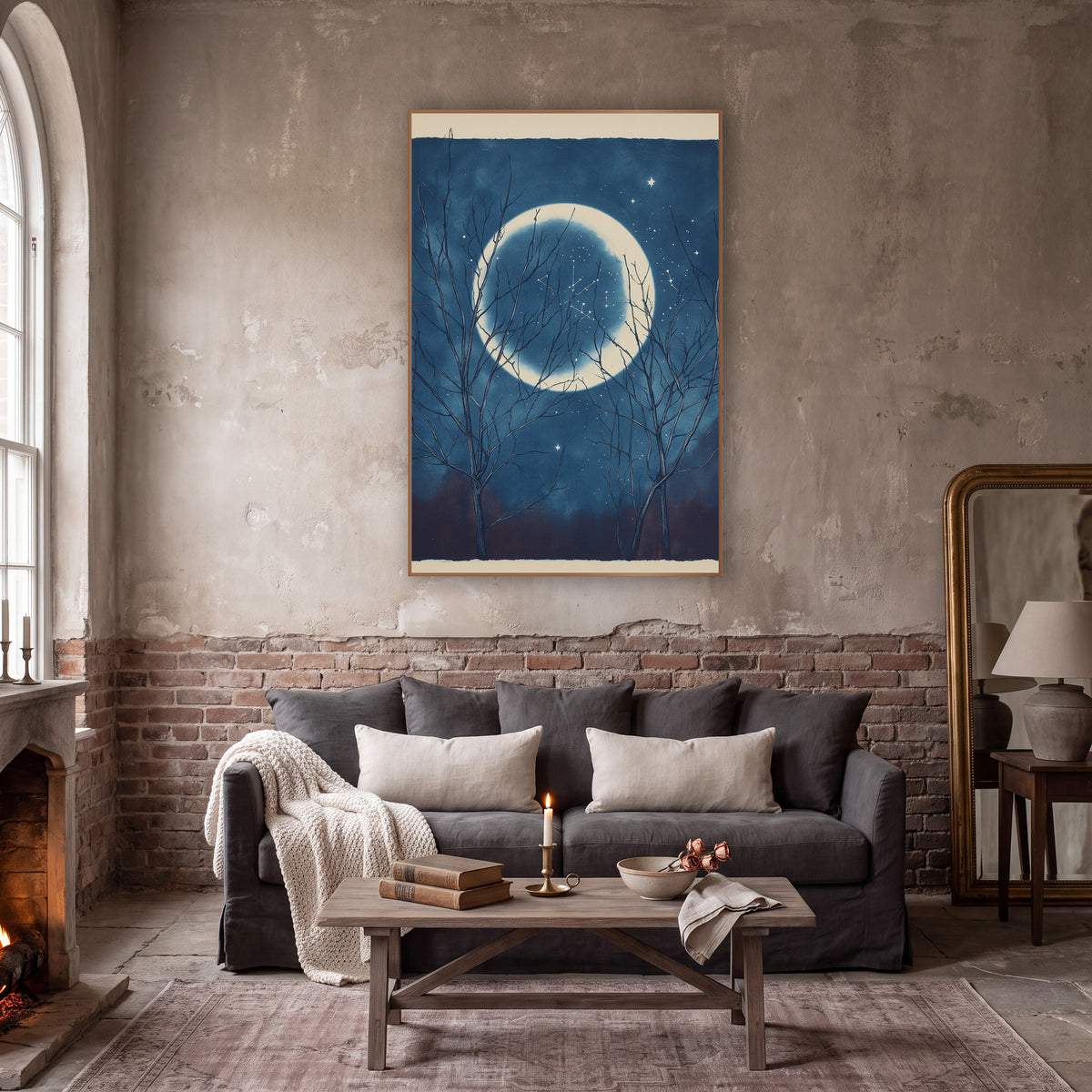 Bare Branches Moonlit Night Sky Celestial wall art in a moody dark academia room – large pale moon in a deep blue