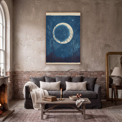 Bare Branches Moonlit Night Sky Celestial wall art in a moody dark academia room – large pale moon in a deep blue