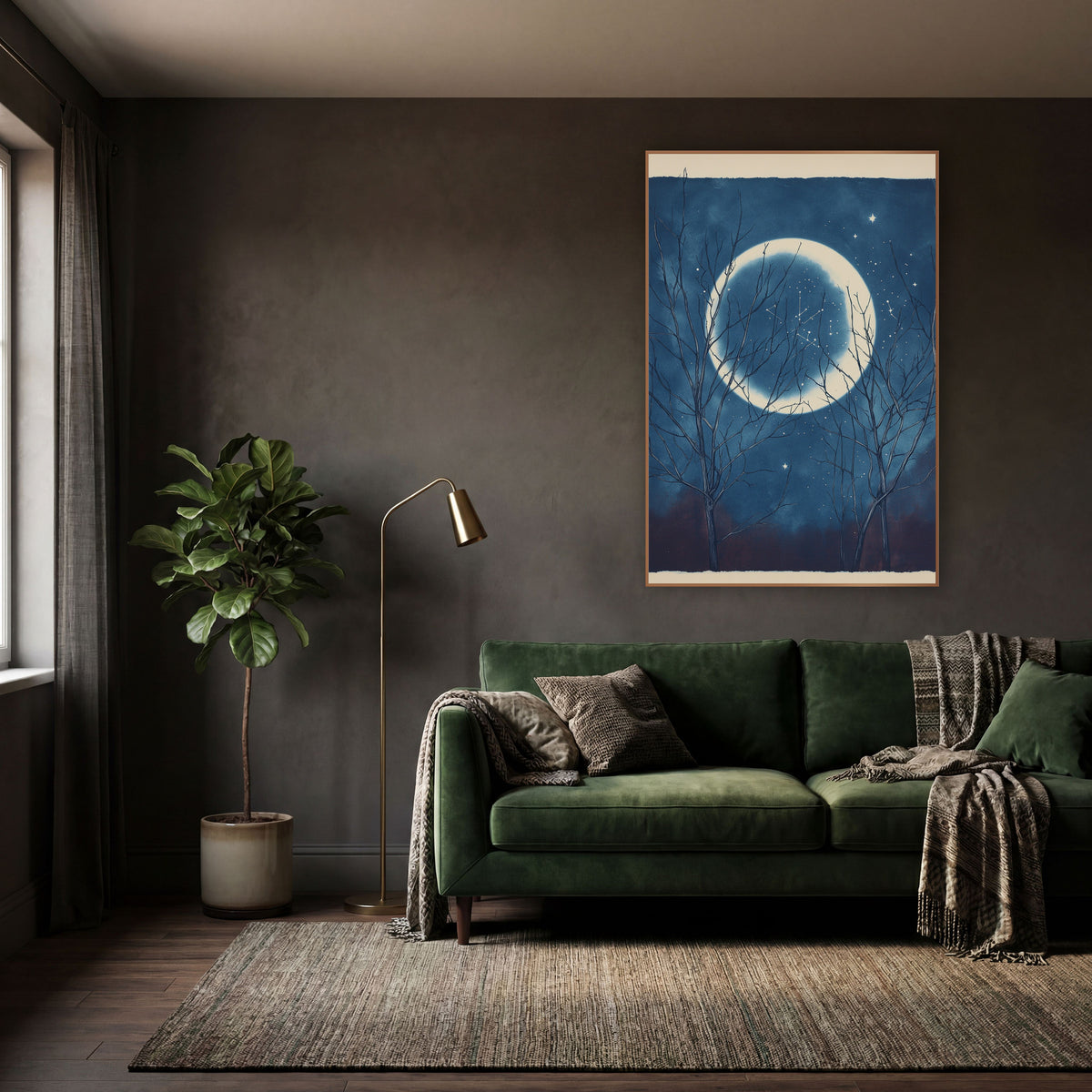 Bare Branches Moonlit Night Sky Celestial wall art in a moody dark academia room – large pale moon in a deep blue
