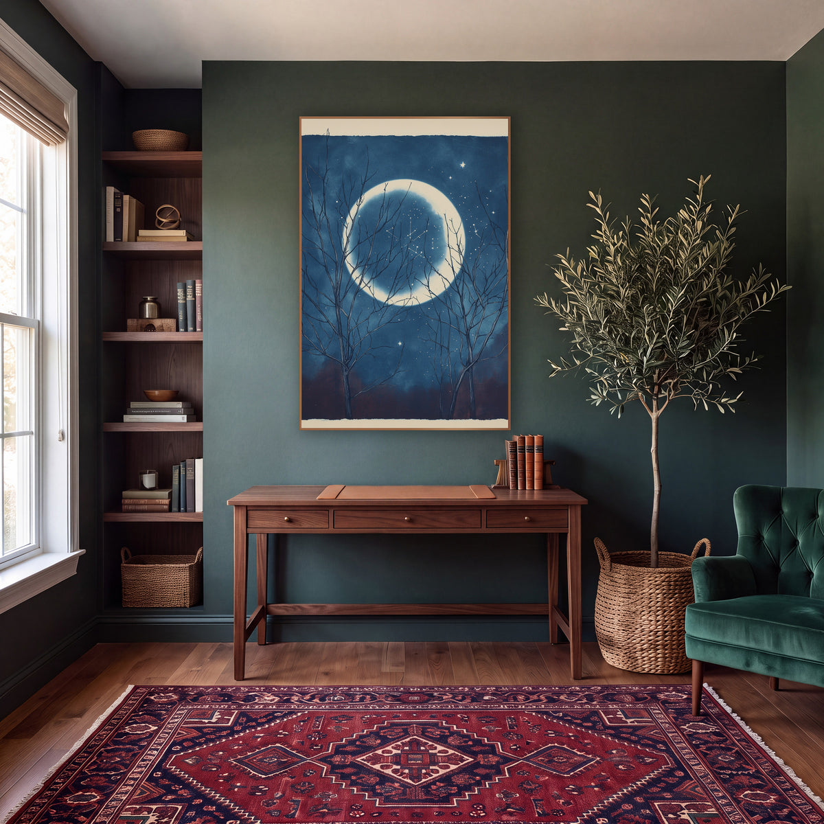 Bare Branches Moonlit Night Sky Celestial wall art in a moody dark academia room – large pale moon in a deep blue