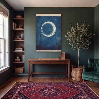 Bare Branches Moonlit Night Sky Celestial wall art in a moody dark academia room – large pale moon in a deep blue