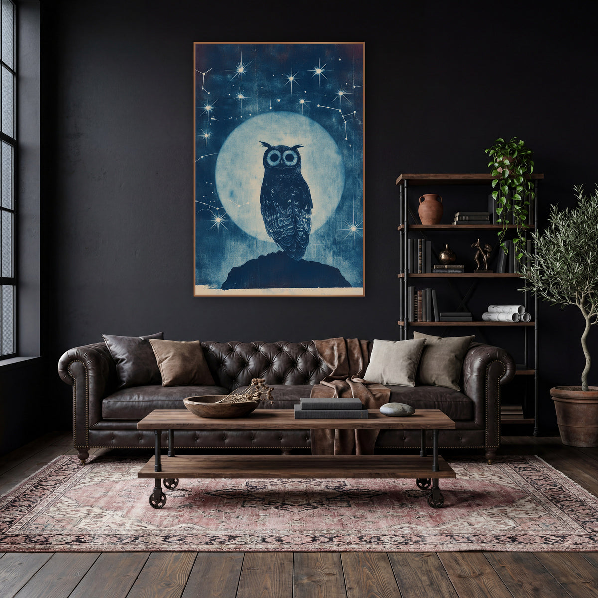 Midnight Owl Celestial Constellation Study wall art in a moody dark academia room – tufted owl on a dark rock before