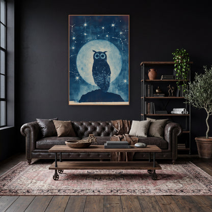 Midnight Owl Celestial Constellation Study wall art in a moody dark academia room – tufted owl on a dark rock before