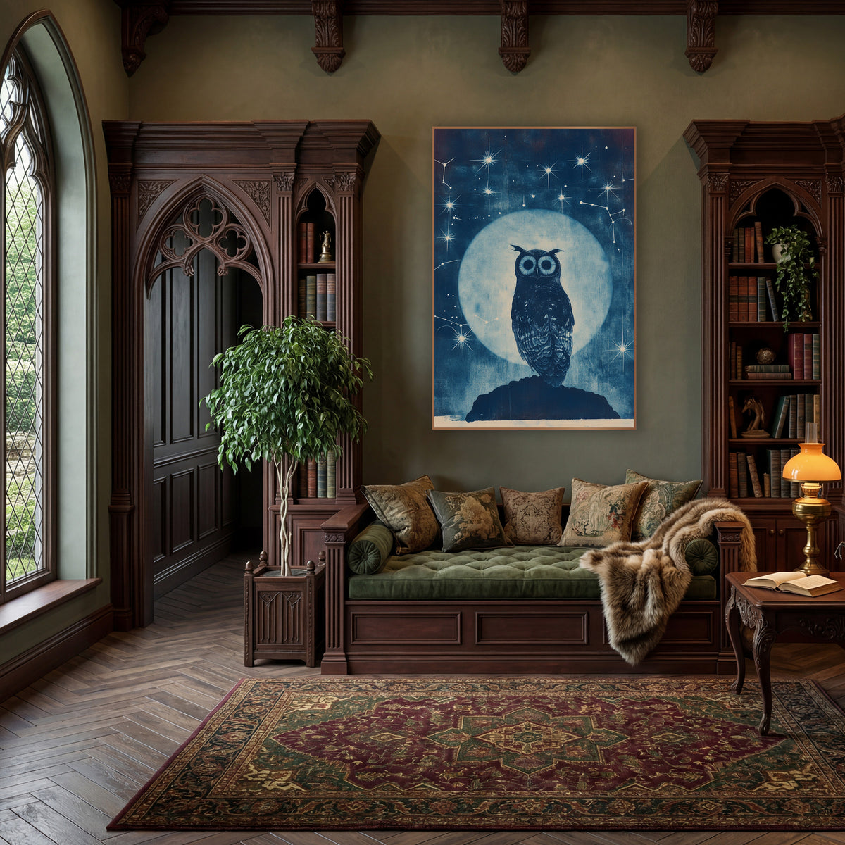 Midnight Owl Celestial Constellation Study wall art in a moody dark academia room – tufted owl on a dark rock before