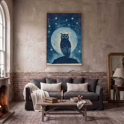 Midnight Owl Celestial Constellation Study wall art in a moody dark academia room – tufted owl on a dark rock before