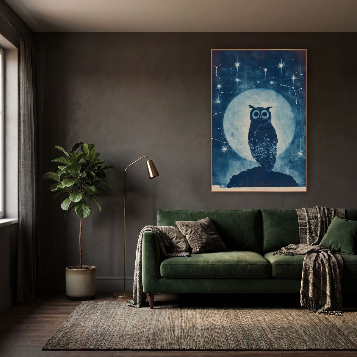 Midnight Owl Celestial Constellation Study wall art in a moody dark academia room – tufted owl on a dark rock before