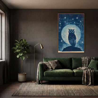 Midnight Owl Celestial Constellation Study wall art in a moody dark academia room – tufted owl on a dark rock before