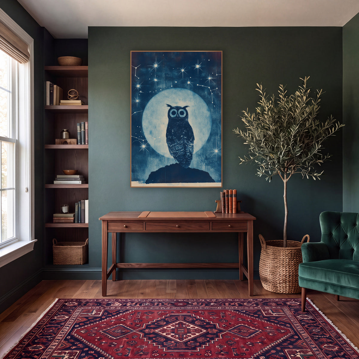 Midnight Owl Celestial Constellation Study wall art in a moody dark academia room – tufted owl on a dark rock before