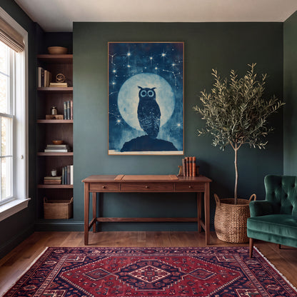 Midnight Owl Celestial Constellation Study wall art in a moody dark academia room – tufted owl on a dark rock before