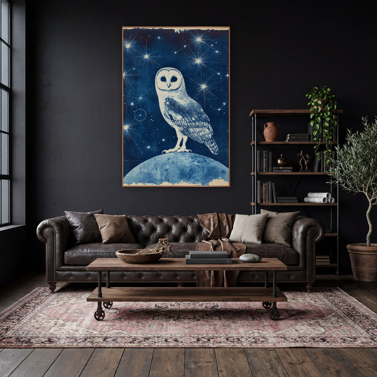Starlit Owl Blue Celestial wall art in a moody dark academia room – white barn owl with heart-shaped face standing