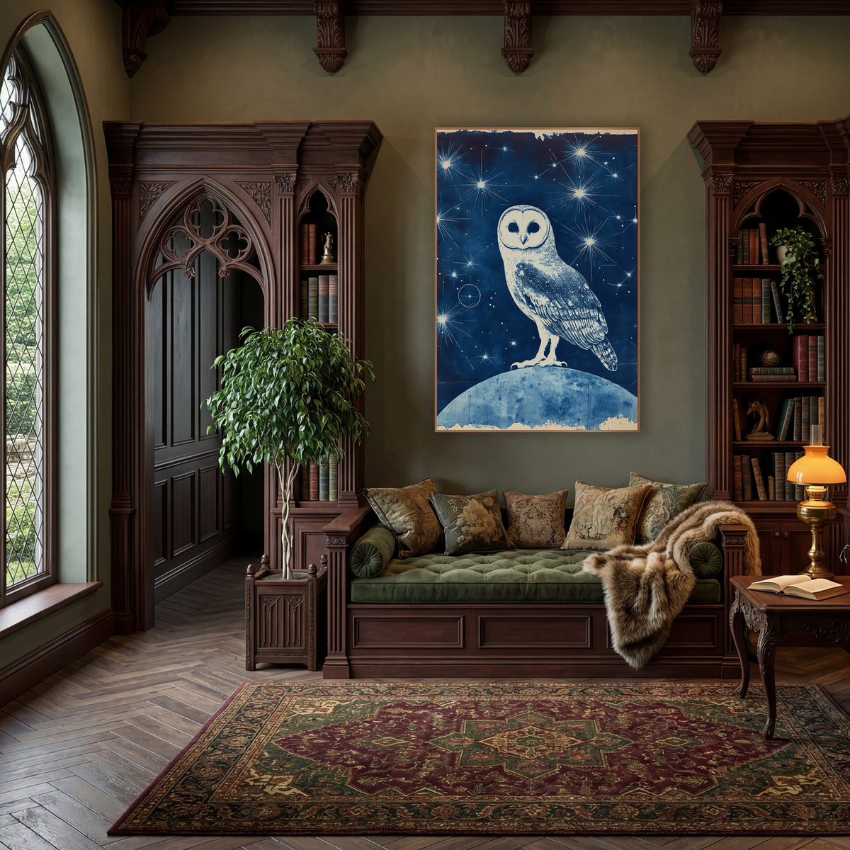 Starlit Owl Blue Celestial wall art in a moody dark academia room – white barn owl with heart-shaped face standing