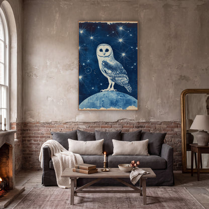 Starlit Owl Blue Celestial wall art in a moody dark academia room – white barn owl with heart-shaped face standing