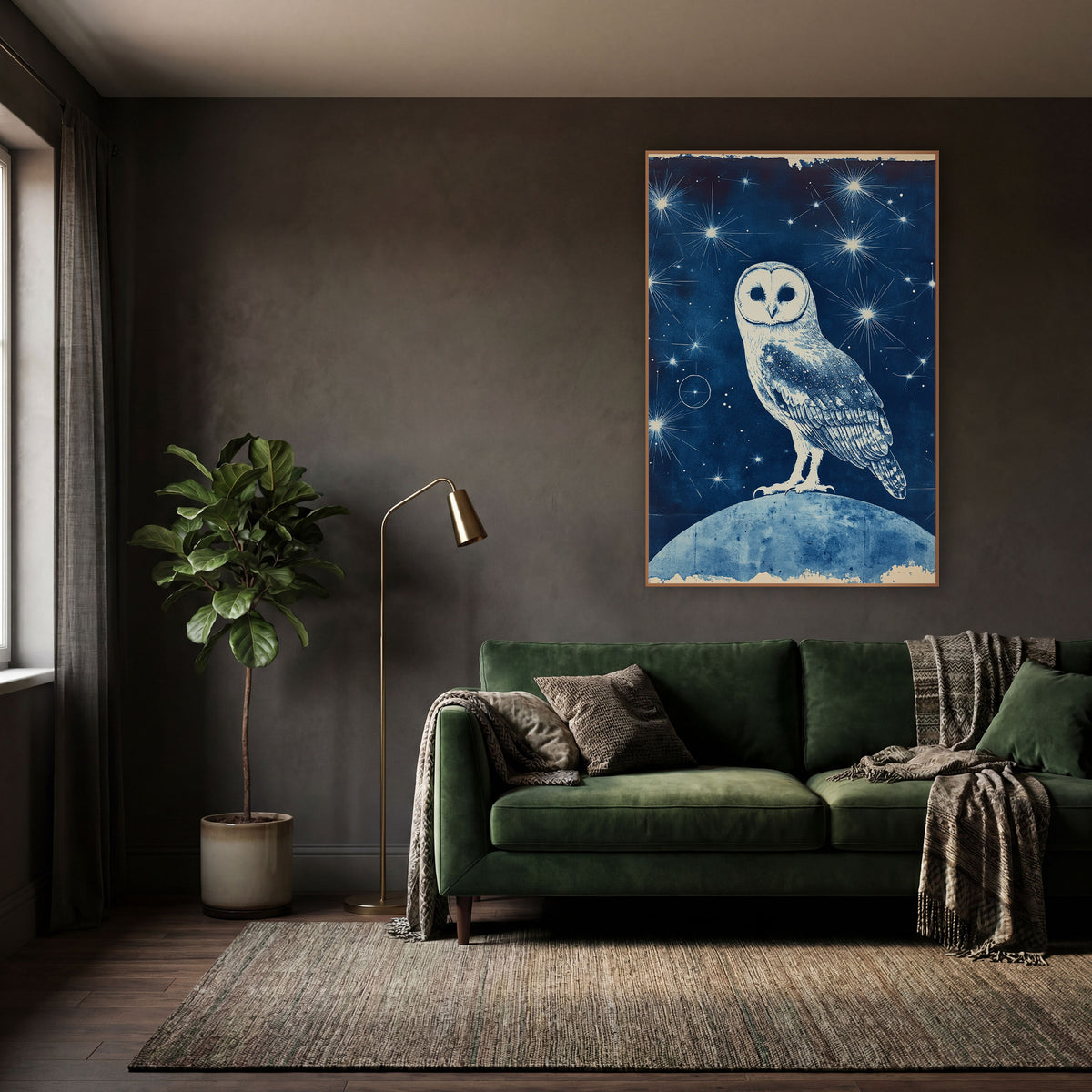 Starlit Owl Blue Celestial wall art in a moody dark academia room – white barn owl with heart-shaped face standing