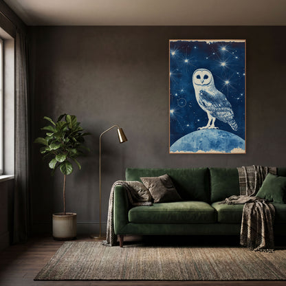 Starlit Owl Blue Celestial wall art in a moody dark academia room – white barn owl with heart-shaped face standing