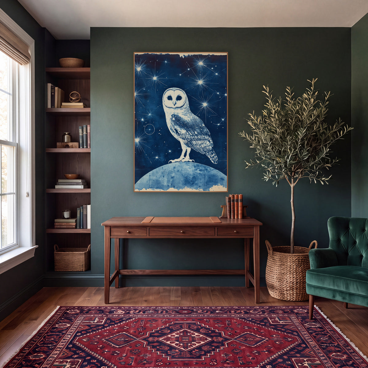 Starlit Owl Blue Celestial wall art in a moody dark academia room – white barn owl with heart-shaped face standing