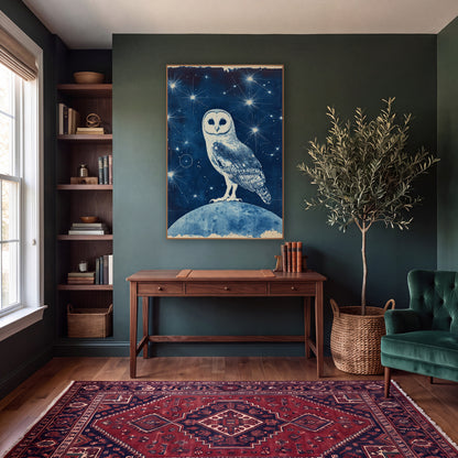 Starlit Owl Blue Celestial wall art in a moody dark academia room – white barn owl with heart-shaped face standing