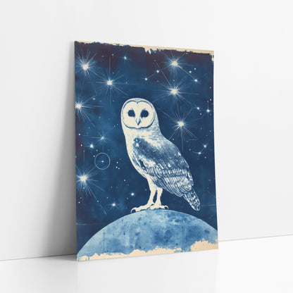 Starlit Owl Blue Celestial art print leaning against a white wall – white barn owl with heart-shaped face standing on a blue